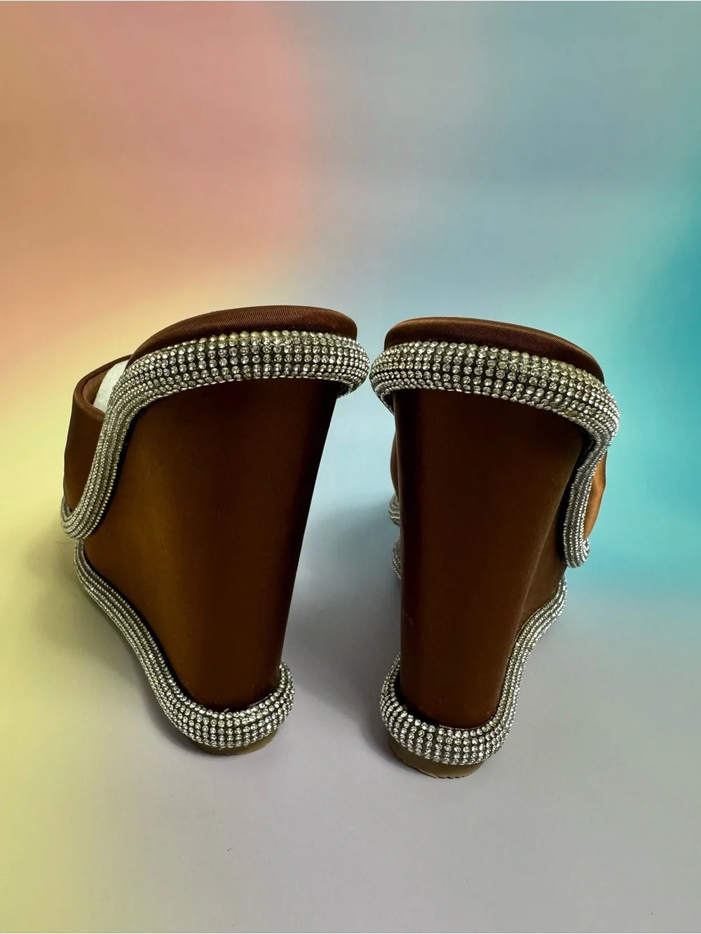 Liliana Bronze Satin Platform Wedge Sandals with Rhinestone Trim